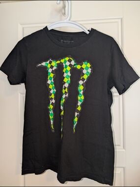 Monster Energy Black Logo Women's XL Tee with Green Checker Design
